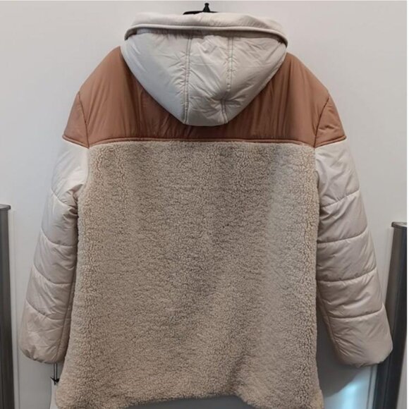 Bagatelle Hooded Warm Cream Color/Brown Faux Fur Sherpa Jacket - Picture 3 of 4